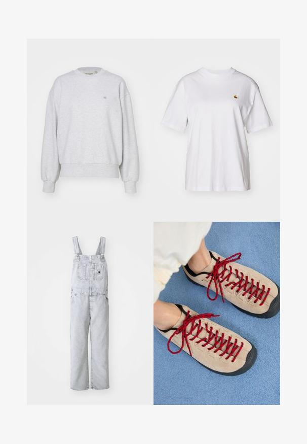 Carhartt WIP CASEY - Φούτερ - ash heather/silver; Λευκό βαμβακερό μπλουζάκι με χαλαρή εφαρμογή, κοντά μανίκια, και ένα μικρό κεντητό λογότυπο στην αριστερή περιοχή του στήθους.; Γκρι τζιν ολόσωμες φόρμες με ρυθμιζόμενες τιράντες, μπροστινός και πλευρικοί τσέπες; χαλαρή, ίσια γραμμή; ξεπλυμένο φινίρισμα με ελάχιστη υφή.; Μπεζ παπούτσια με κόκκινες κορδόνες, τοποθετημένα σε μια υφή μπλε επιφάνειας, αποκαλύπτουν εν μέρει τον αστράγαλο ενός ατόμου. Τα παπούτσια έχουν σπορ σχεδιασμό.