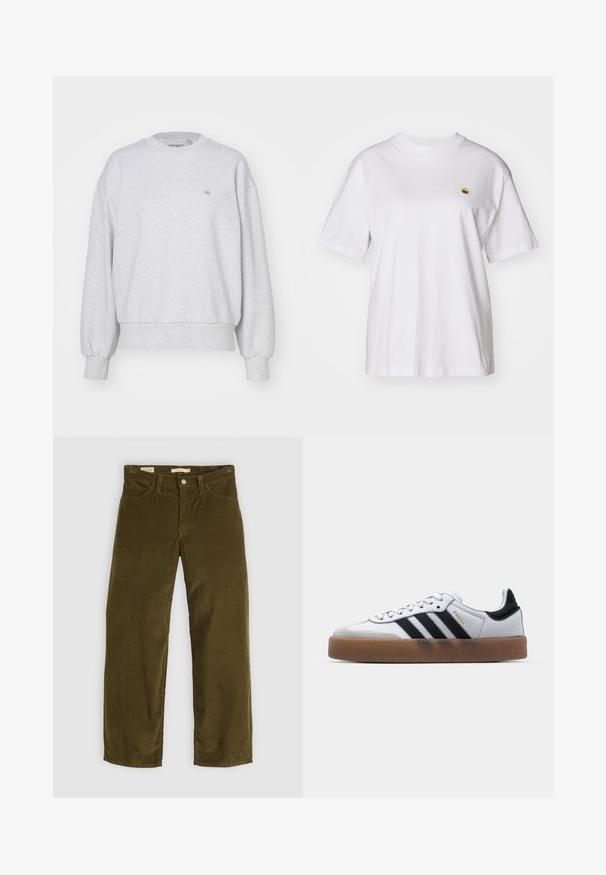 Carhartt WIP CASEY - Sudadera - ash heather/silver; Camisa de algodón blanca con corte relajado, mangas cortas y un pequeño logotipo bordado en el área del pecho izquierdo.; Pantalones de pana verde oliva con un diseño de pierna recta, que cuentan con bolsillos frontales y un cierre de botones, mostrando una textura acanalada vertical.; Zapatillas de cuero blancas con rayas negras, suela de goma, puntera redonda, cierre de cordones y caperuza de ante gris suave.