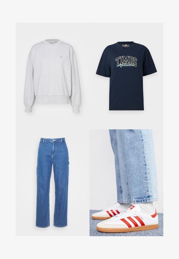 Carhartt WIP CASEY - Sweatshirt - ash heather/silver; Marineblaue Baumwoll-T-Shirt mit lockerer Passform. Mit einem grafischen Design, das "TIMBS Authentic" in kontrastierenden Farben zeigt. Kurze Ärmel, Rundhalsausschnitt.; Blaue High-Waist-Jeans mit geradem Bein, ausgestattet mit einem Frontknopfverschluss und seitlichen Taschen. Glatte Textur und keine sichtbaren Muster.; Weiße Leder Sneaker mit roten Streifen und Akzenten. Verfügt über eine strukturierte Gummi-Laufsohle und einen gepolsterten Schaft. Tragen mit hellblauer Jeans.