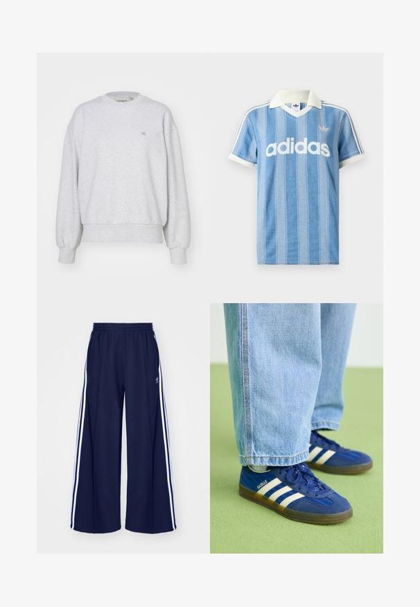 Carhartt WIP CASEY - Mikina - ash heather/silver; Svetlomodré polokošeľa s krátkym rukávom s vertikálnymi pruhmi, bielymi akcentmi a výrazným bielym logom „adidas“ na prednej strane.; adidas Originals PANT - Tepláky - night indigo; Modré semišové tenisky s bielymi pruhmi a textúrovanými vzormi, obuté s svetlomodrými džínsami, na pozadí zelenej farby.