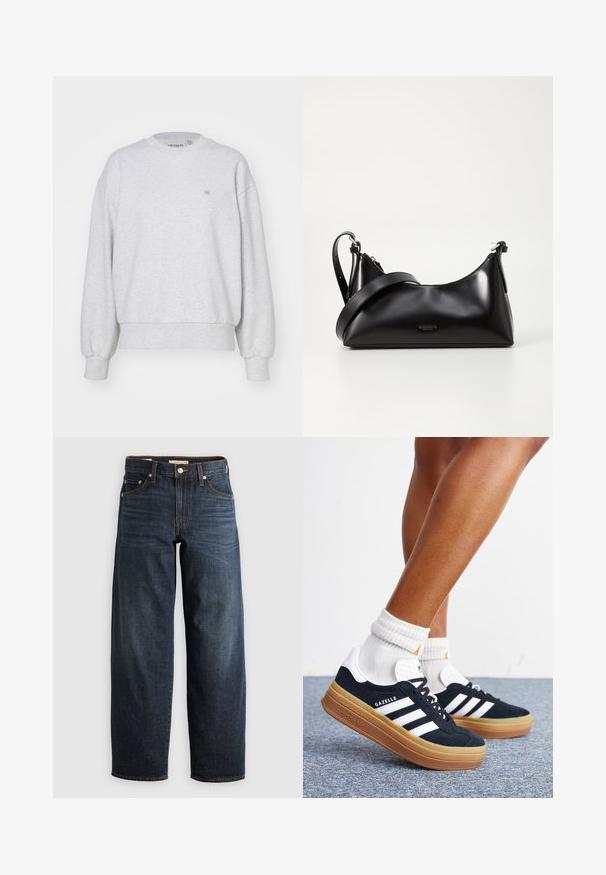 Carhartt WIP CASEY - Sudadera - ash heather/silver; Jeans oscuros de denim, con un diseño de pierna recta, estilo de cinco bolsillos, y acentos de costura superior con cierre de botón.; Piernas con calcetines blancos y zapatillas Adidas Gazelle negras con rayas blancas y suelas marrones gruesas sobre un suelo alfombrado gris.; Bolso de mano de cuero negro con una textura suave. Cuenta con una correa ajustable y un diseño elegante y minimalista con cierre de cremallera.