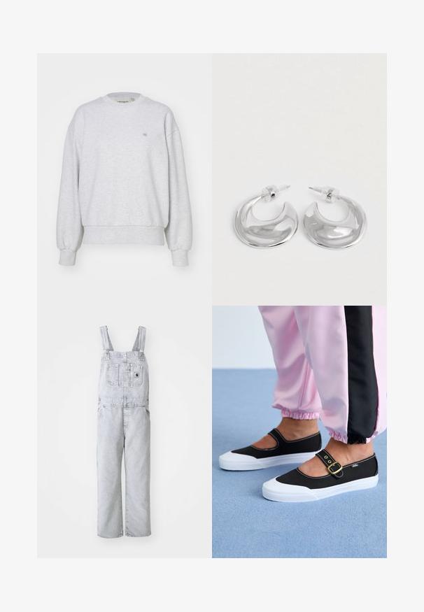 Carhartt WIP CASEY - Sweater - ash heather/silver; Grijze denim overall met verstelbare schouderbanden, een voorvak en zijvakken; losse, rechte pasvorm; vervaagde wassing met minimale textuur.; Zwarte canvas schoenen met een witte zool, met een uitgesneden ontwerp en een gouden gespband. Draagt met roze joggingsbroek.; Een paar gepolijste zilveren halve maanvormige creolen met heldere plastic achterkanten op een witte ondergrond.
