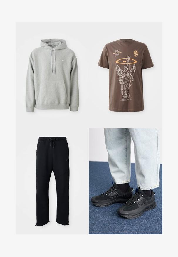 Grå hættejakke lavet af blødt stof med en kengurulomme, snor i hætten og lille hvidt logo på brystet. Behagelig, afslappet pasform.; Brun bomulds-T-shirt med et hvidt kontur grafik af en bevinget statue, Nike-logo og abstrakte former i orange, med korte ærmer og rund hals.; Sorte træningsbukser med elastisk linning og snoretræk, har sidelommer, smalle ben og lynlåse ved anklerne. Glat tekstur.; Sorte træningssko med tekstureret stof og gummisåler, udstyret med elastiske snørebånd og en blå detalje på hælen. Bæres med lyse denimbukser.