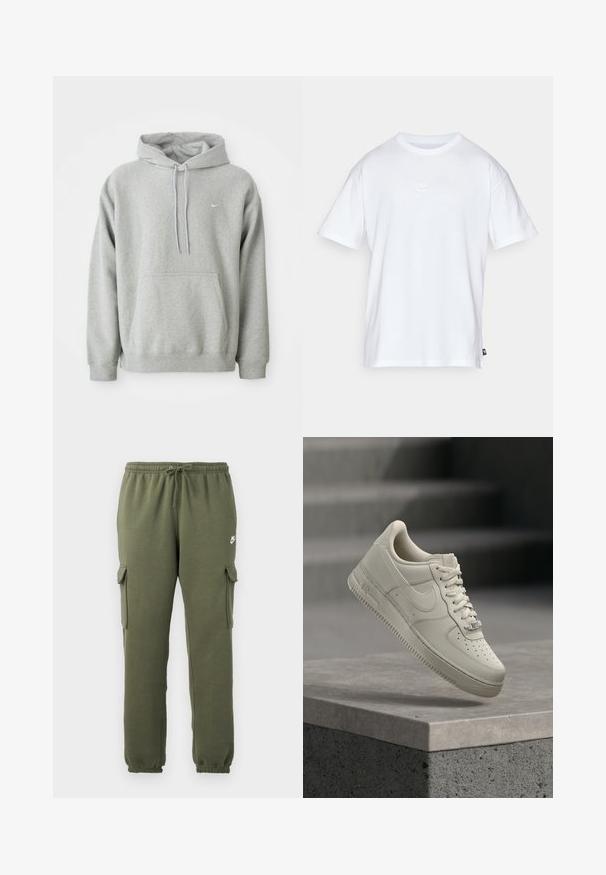 Grijze hoodie van zachte stof met een buidelzak, capuchon met trekkoord en klein wit logo op de borst. Comfortabele, casual pasvorm.; Witte katoenen t-shirt met korte mouwen en een ronde hals. Heeft een klein, subtiel Nike-logo op de borst en een zijlabel.; Olijfgroene cargobroek met elastische tailleband, trekkoordsluiting, zijzakken en een logo op de dij. Gladde katoenmix stof.; Enkele beige sneaker met veters zweeft boven een grijs betonnen oppervlak, Nike-logo zichtbaar, trap op de achtergrond wazig.