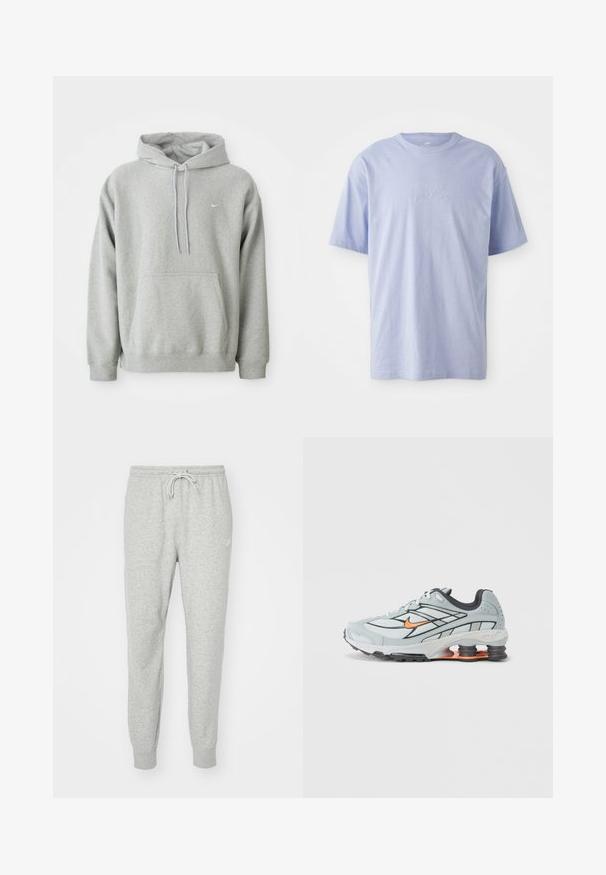 Grijze hoodie van zachte stof met een buidelzak, capuchon met trekkoord en klein wit logo op de borst. Comfortabele, casual pasvorm.; Lichtblauwe katoenen T-shirt met een ronde hals en korte mouwen. Kenmerkt zich door een reliëf "nike" logo op het midden van de voorkant. Zachte textuur.; Grijze sweatpants gemaakt van zacht materiaal met een elastische tailleband, een trekkoordsluiting en ribgebreide boorden. Voorzien van een klein logo aan de zijkant.; Lichtgrijze hardloopschoen met zwarte accenten, oranje logo, bovenwerk van mesh, gevoerde kraag en rubberen zool met zichtbare schokabsorberende elementen.