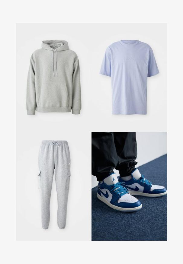 Halline hall sweatshirt pehmest kangast, millel on ees suur tasku, reguleeritav kapuuts ja väike valge logo rinnal. Mugav ja lõdvestunud mudel.; Heleheles sinine puuvillane T-särk ümmarguse kaelusega ja lühikeste varrukatega. Ees keskel on reljeefne "nike" logo. Pehme tekstuur.; Hallid hallid dressipüksid, mis on valmistatud pehmest kangast ja millel on elastne vöökoht koos nööridega, kaks külgset kottide taskut ja kitsenevad sääred.; Nike Air Jordan tennisijalad on valge nahast alus siniste sünteetiliste detailidega, aukudega varbakoht ja sinised paelad.