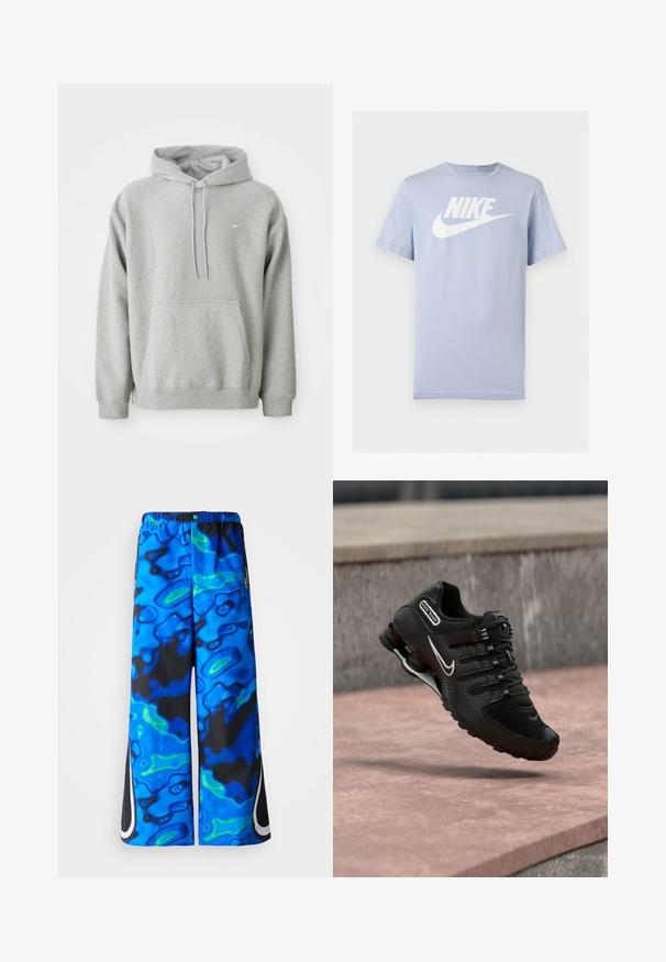 Grijze hoodie van zachte stof met een buidelzak, capuchon met trekkoord en klein wit logo op de borst. Comfortabele, casual pasvorm.; Lichtblauw katoenen T-shirt met korte mouwen en een wit Nike-logo en swoosh op de borst, weergegeven op een effen achtergrond.; Blauwe en zwarte abstracte patroon wijde broek met elastische tailleband en rits zijzakken op een effen achtergrond.; Zwarte Nike Shox hardloopschoen met wit swoosh-logo, zwevend boven een roze betonoppervlak tegen een grijze stenen muur als achtergrond.