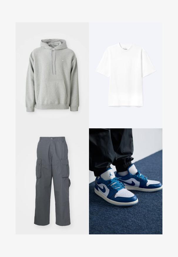 Sudadera gris hecha de un tejido suave con un bolsillo tipo canguro, capucha con cordón y un pequeño logo blanco en el pecho. Ajuste cómodo y casual.; Camiseta lisa blanca de manga corta y cuello redondo con un corte relajado, mostrada sobre un fondo claro.; Pantalones cargo de tela gris oscuro; cuentan con múltiples bolsillos laterales, un ajuste relajado y un cierre de botón en la cintura.; Las zapatillas Nike Air Jordan cuentan con una base de cuero blanco con acentos sintéticos azules, una caja de dedos perforada y cordones azules.