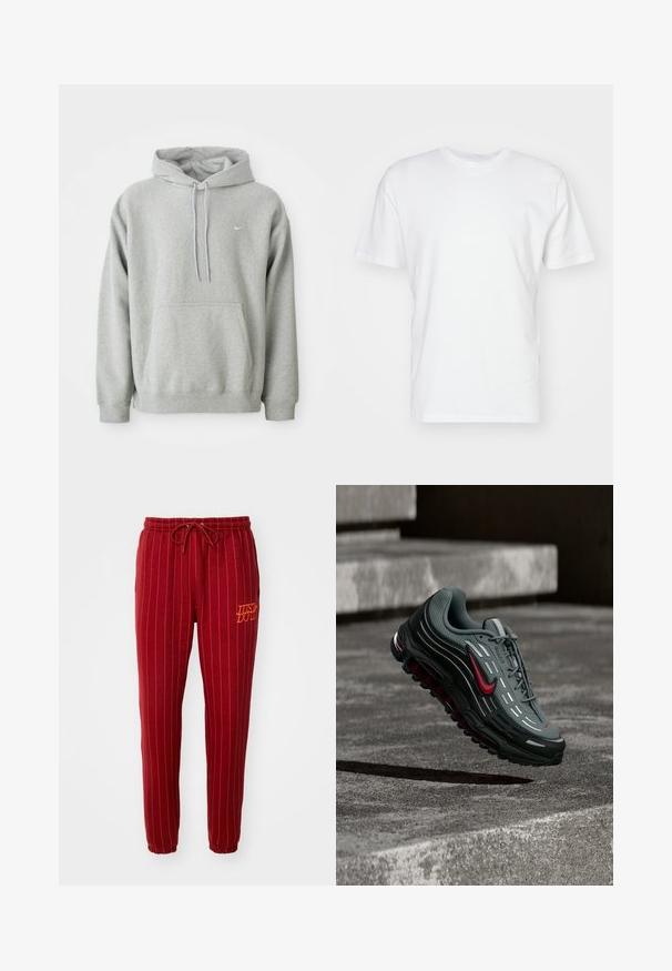 Grijze hoodie van zachte stof met een buidelzak, capuchon met trekkoord en klein wit logo op de borst. Comfortabele, casual pasvorm.; Witte katoenen T-shirt met korte mouwen, ronde halslijn en een gladde textuur. Eenvoudig ontwerp zonder patronen of afbeeldingen.; Rode gestreepte joggingsbroek met elastische tailleband en trekkoord. Voorzien van de tekst "JUST DO IT" geborduurd in oranje. Zachte stof met tapered leg ontwerp.; Grijze en zwarte sportschoen met rode accenten en reflecterende strepen zwevend boven een gestructureerd betonnen oppervlak met trappen op de achtergrond.