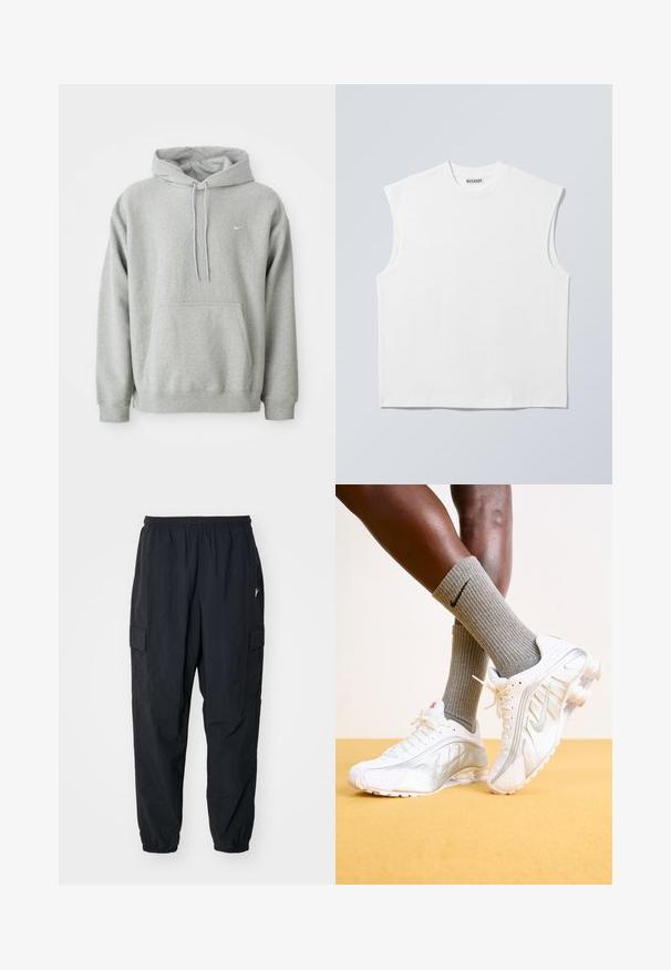 Grauer Hoodie aus weichem Material mit einer Kängurutasche, Kordelzugkapuze und kleinem weißen Logo auf der Brust. Bequemer, lässiger Schnitt.; Weißes ärmelloses Baumwolltop mit Rundhalsausschnitt und strukturierten Schultern, mit "WEEKDAY" auf dem Kragenetikett versehen, vor hellgrauem Hintergrund dargestellt.; Schwarze Cargo-Hosen aus leichtem Material mit einem elastischen Bund, Seitentaschen und einer lockeren Passform mit elastischen Bündchen.; Nike-Sneaker in Weiß mit silbernen Akzenten, ausgestattet mit strukturierten Paneelen und Perforationen. Kombiniert mit grauen gerippten Socken, vor einem gelben Hintergrund.
