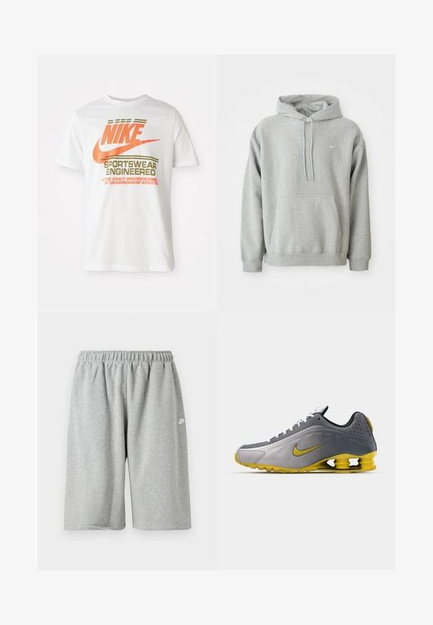 Sudadera gris hecha de un tejido suave con un bolsillo tipo canguro, capucha con cordón y un pequeño logo blanco en el pecho. Ajuste cómodo y casual.; Camiseta de algodón blanca con un gran logo naranja de "NIKE" y texto verde que dice "SPORTSWEAR ENGINEERED" junto con especificaciones adicionales.; Pantalones cortos de algodón gris con cintura elástica, con un ajuste holgado y un pequeño logotipo blanco cerca del dobladillo. Textura suave, longitud por encima de la rodilla.; Nike Sportswear SHOX R4 SE UNISEX - Zapatillas - vast grey/bright citron/light graphite/smoke grey/white/black