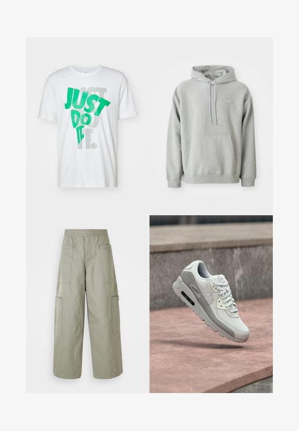 Sudadera gris hecha de un tejido suave con un bolsillo tipo canguro, capucha con cordón y un pequeño logo blanco en el pecho. Ajuste cómodo y casual.; Camiseta blanca de algodón con gran texto verde "JUST DO IT" superpuesto sobre texto gris. Cuello redondo, mangas cortas, textura suave.; Pantalones cargo holgados de color verde oliva con una cinturilla elástica, múltiples bolsillos y una textura suave. Ancho colapsable en el dobladillo.; Zapatilla deportiva blanca y gris con detalles de malla y cuero flota sobre una superficie de piedra rosa y un fondo de hormigón gris.