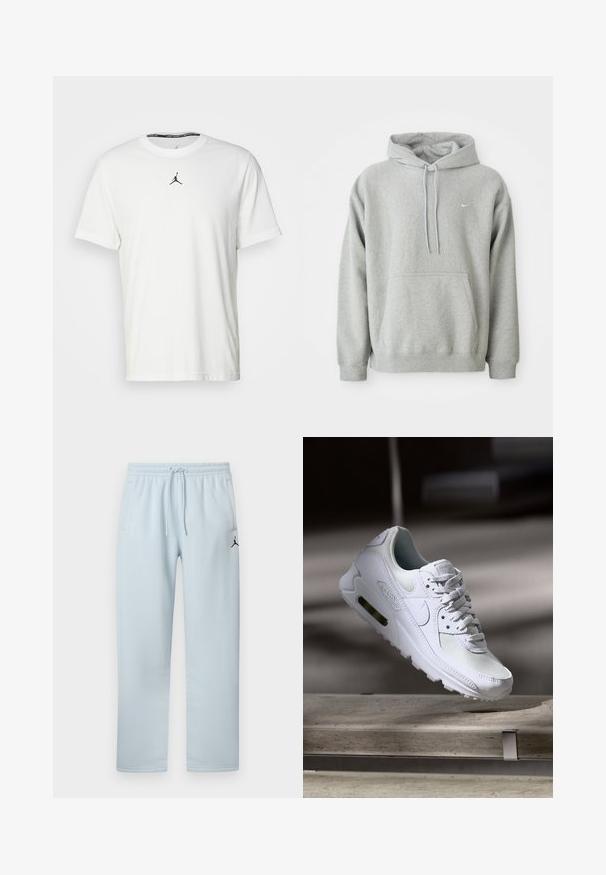 Šedá mikina s kapucňou vyrobená z jemného materiálu, s klokankou, sťahovacou kapucňou a malým bielym logom na hrudi. Pohodlný, voľný strih.; Biely tričko s krátkymi rukávmi vyrobené z bavlny, so siluetou čierneho Jumpman loga na hrudi a okrúhlym výstrihom s čiernou vnútornou etiketou.; Svetlomodré tepláky z mäkkej látky, s elastickým pásom so šnúrkou, dvoma bočnými vreckami a čiernym logom.; Biele tenisky Nike Air Max 90 s vrchnou časťou z kože a sieťoviny, perforovanou špičkou a viditeľnou vzduchovou jednotkou v päte.