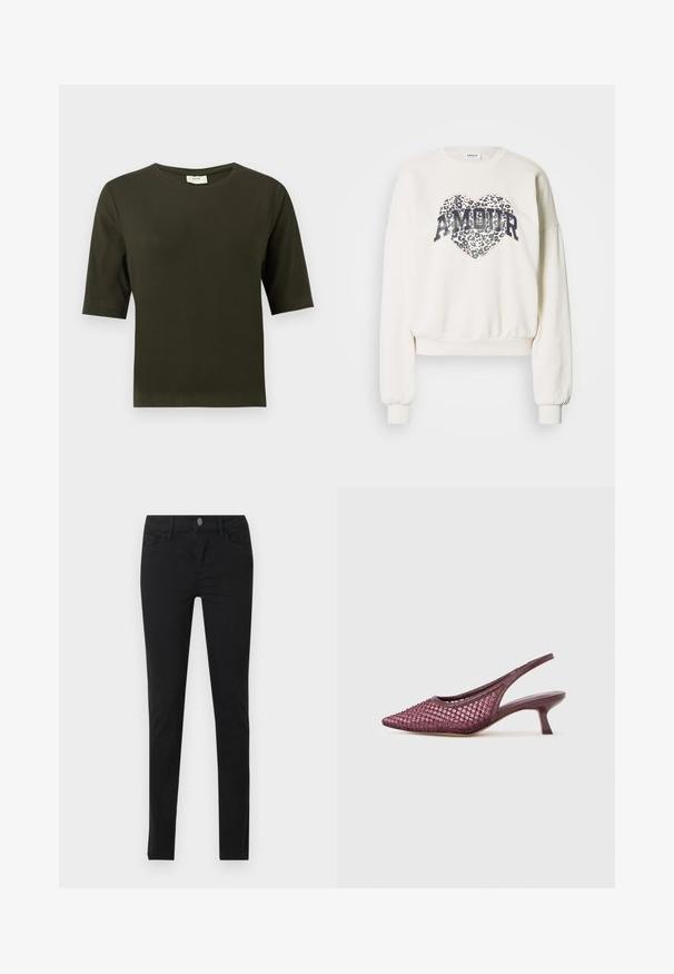 Sweat-shirt court crème à manches longues. Orné d'un grand graphisme de cœur en imprimé léopard avec le mot "AMOUR" en lettres majuscules bleu marine.; T-shirt à manches courtes vert foncé avec un col rond, fabriqué dans un tissu doux, présentant un design simple et droit.; Jean noir slim avec poches avant, passants pour ceinture et fermeture par bouton, présenté à plat sur un fond clair.; Chaussure violette à talon kitten slingback avec bout pointu et empeigne en mesh ornée de petites perles.