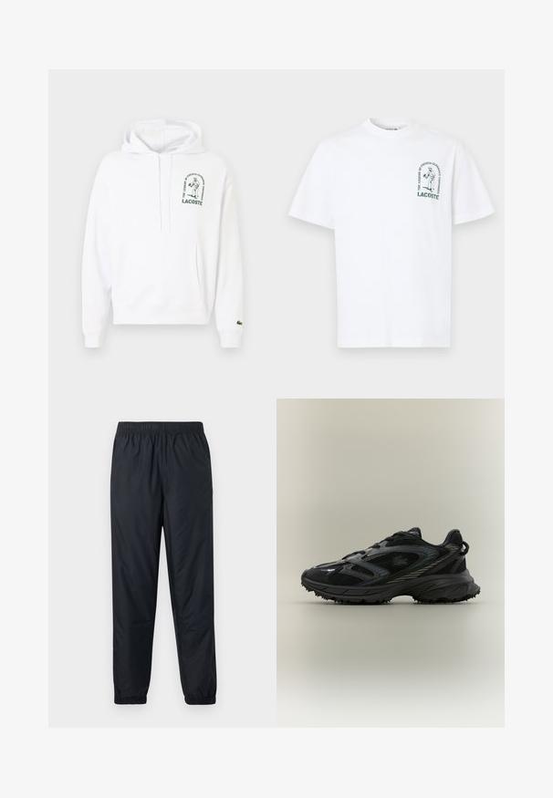 Valge kapuutsiga kood, kus on ees tasku nagu kenguru, nööriga kapuuts ja rohelise trükitud Lacoste logo. Ribatud varrukaotsad ja äär. Pehme kangastekstuuri.; Valge puuvillane T-särk lühikeste varrukatega, ümmarguse kaelusega ja roheline graafiline print, mis kujutab tennisemängijat koos tekstiga vasakul rinnal.; Mustad, kerged, veekindlad püksid elastse vöökohaga ja kurgusääre külgedel kogutud mansettidega. Sile tekstuur, ei ole nähtavaid mustreid ega aktsente.; Must have musta, millel on võrgupaneelid, tekstuuriga talla, nöörid ja kõver siluett, millel on hõbedased aktsendid külgedel.