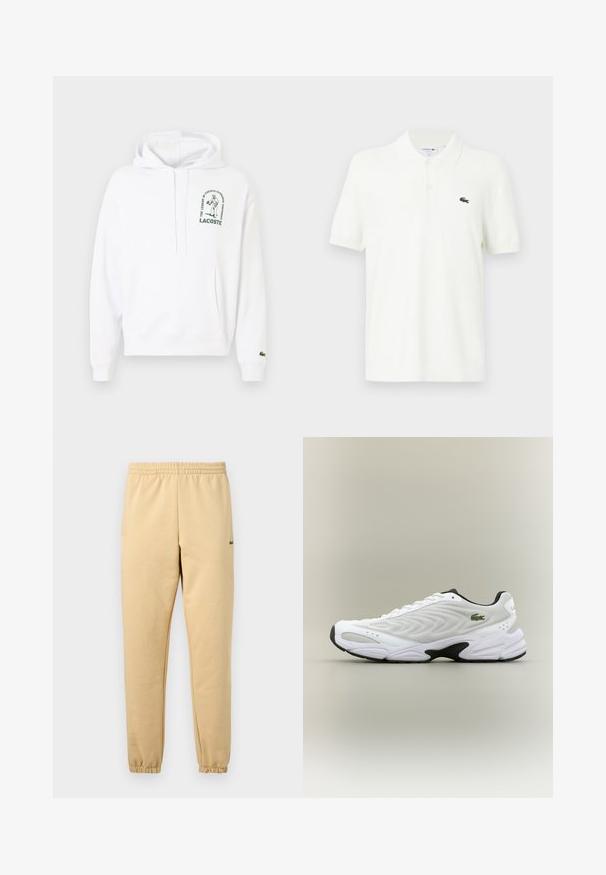 Hvid hoodie med en kengurulomme, snoretræk i hætten og grønt trykt Lacoste-logo. Ribbekanter ved ærmer og bund. Blød stofstruktur.; Hvid polo shirt lavet af glat bomuldsstof med en klassisk krave, tre-knaps placket og et lille grønt krokodillelogo på brystet.; Beige joggebukser med elastisk talje og manchetter, der har en lille grøn krokodillebroderet logo på højre lår.; Hvide atletiske sko med tekstureret mesh-overdel, buet design og kontrasterende sort ydersål. Har en grøn broderet logo på siden.