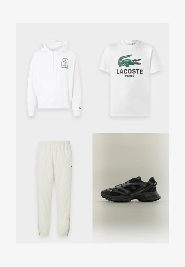 Biela mikina s klokankovým vreckom, sťahovacou kapucňou a zeleným potlačným logom Lacoste. Hladké rebrované manžety a spodný lem. Mäkká textúra materiálu.; Lacoste Tričko s potlačou - white; Krémové ľahké joggers s elastickým pásom, manžetami na holenách, bočnými rozparkami a malým zeleným logom na hornej strane stehna.; Čierna športová topánka s priehľadnými panelmi, textúrovanou podrážkou, šnúrkami a zakriveným siluetom so striebornými akcentmi po stranách.