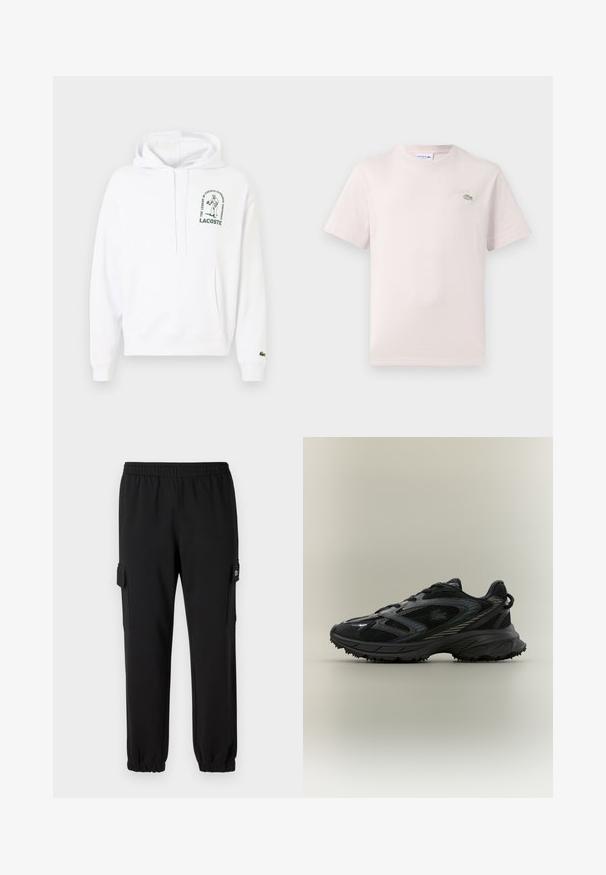 Biela mikina s klokankovým vreckom, sťahovacou kapucňou a zeleným potlačným logom Lacoste. Hladké rebrované manžety a spodný lem. Mäkká textúra materiálu.; Svetloružové bavlnené tričko s okrúhlym výstrihom, krátkymi rukávmi a vyšitým logom Lacoste v zelenej farbe na hrudi. Mäkkučkí textúra.; Čierne tepláky s elastickým pásom, zúženými manžetami a bočnými cargo vreckami. Vyrobené z mäkkého materiálu s hladkou textúrou.; Čierna športová topánka s priehľadnými panelmi, textúrovanou podrážkou, šnúrkami a zakriveným siluetom so striebornými akcentmi po stranách.