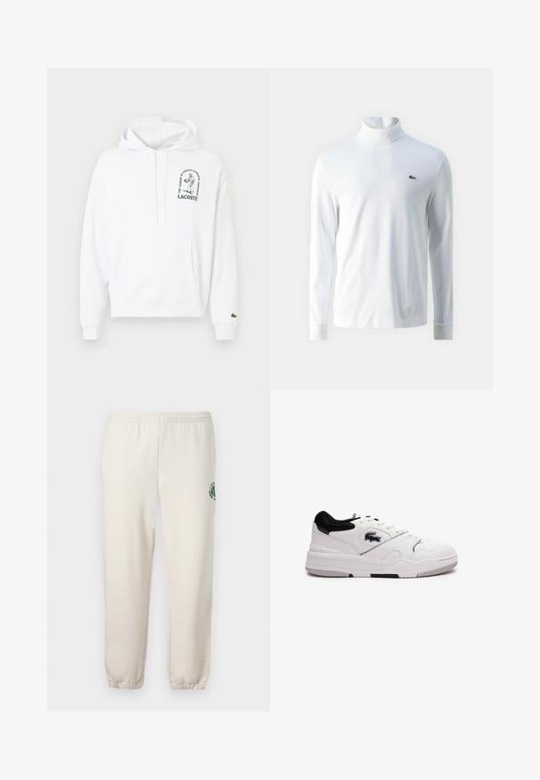 Valkoinen huppari, jossa on kengurupussi, nyörillä varustettu huppu ja vihreä printattu Lacoste-logo. Ribbaatut hihansuut ja helma. Pehmeä kangas.; Valkoinen pitkähihaista poolopaitaa, joka on valmistettu pehmeästä kankaasta. Paidassa on pieni vihreä brodeerattu logo rinnassa ja tiukat hihansuut.; Vaaleanbeiget collegehousut, jotka on valmistettu puuvillasta. Niissä on joustava vyötärö, ribbireunat sekä vihreä logo, jossa on lehtimuotoilu vasemmassa lahkeessa.; Valkoiset sneakerit mustilla yksityiskohdilla, synteettistä materiaalia, pyöreä kärki, nauhakiinnitys, teksturoitu pinta ja kumipohja, jossa on tartuntakuvio.