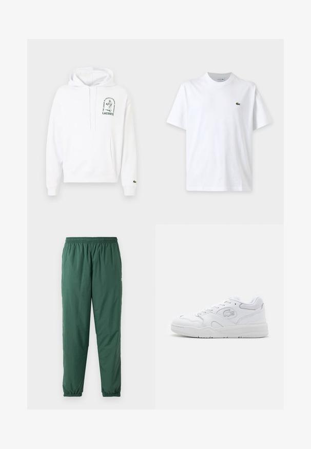 Biela mikina s klokankovým vreckom, sťahovacou kapucňou a zeleným potlačným logom Lacoste. Hladké rebrované manžety a spodný lem. Mäkká textúra materiálu.; Jednoduché biele tričko s krátkym rukávom, okrúhlym výstrihom a malým zeleným logom krokodíla na ľavej strane hrudníka.; Zelené, ľahké, elastické nohavice so sťahovacím pásom a manžetami, vyrobené z hladkého, vodoodpudivého materiálu.; Biele športové tenisky s hladkým koženým zvrškom, sieťovými akcentmi, šnurovaním a štruktúrovanou gumovou podrážkou. Logo Lacoste na boku.