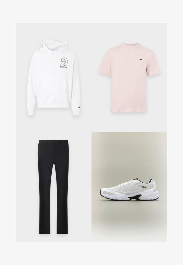 Witte hoodie met een kangoeroezak, capuchon met trekkoord en groen bedrukt Lacoste-logo. Geribde manchetten en zoom. Zachte stoftextuur.; Effen lichtroze T-shirt met korte mouwen en een klein groen krokodillenlogo op de linkerborst, weergegeven tegen een witte achtergrond.; Zwarte broek met een rechtlopende pasvorm, gemaakt van soepel materiaal. Voorzien van zakken aan de voorkant, een knoopsluiting en riemlussen.; Witte sportieve schoen met een textuur van gaas bovenwerk, gebogen ontwerp en contrasterende zwarte zool. Heeft een groen geborduurd logo aan de zijkant.