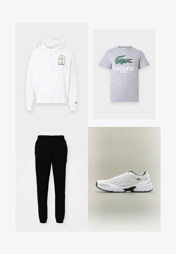 Biela mikina s klokankovým vreckom, sťahovacou kapucňou a zeleným potlačným logom Lacoste. Hladké rebrované manžety a spodný lem. Mäkká textúra materiálu.; Svetlosivé krátke tričko s krátkym rukávom s zeleným logom krokodíla a bielym textom "LACOSTE PARIS" umiestneným v strede na hrudi.; Čierne teplákové nohavice s elastickým pásom a manžetami. Vyrobené z jemnej látky, s malým logom na hornej ľavej strane.; Biele atletické tenisky s textúrovaným sieťovinovým zvrškom, zakriveným dizajnom a kontrastnou čiernou podrážkou. S greennou vyšívanou nášivkou na boku.