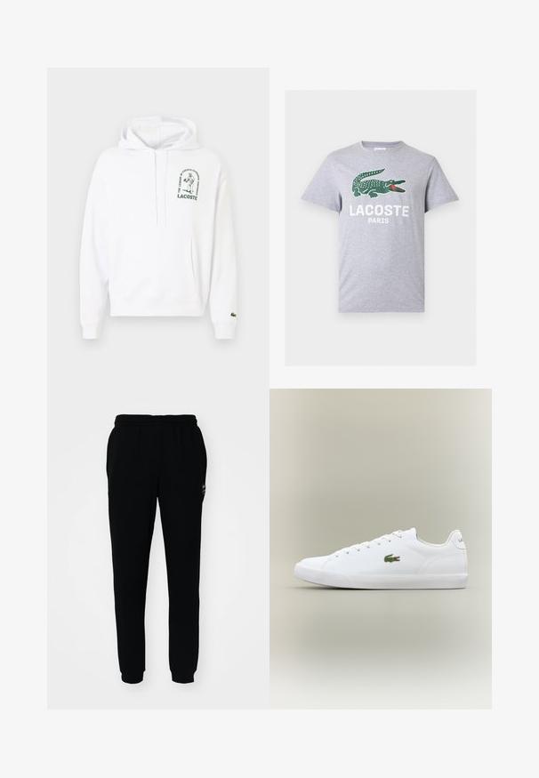 Weißer Hoodie mit einer Kängurutasche, Kapuze mit Kordelzug und grünem, aufgedrucktem Lacoste-Logo. Rippbündchen und Saum. Weiche Stofftextur.; Hellgraues T-Shirt mit kurzen Ärmeln, grünem Krokodil-Logo und weißem "LACOSTE PARIS"-Text, der mittig auf der Brust platziert ist.; Schwarze Jogginghose mit elastischem Bund und Bündchen. Aus weichem Stoff gefertigt, mit einem kleinen Logo auf der oberen linken Seite.; Weiße Ledersneaker mit einer strukturierten Gummisohle, die an der Seite ein grünes gesticktes Krokodil-Logo und eine minimale Markenidentität aufweisen.