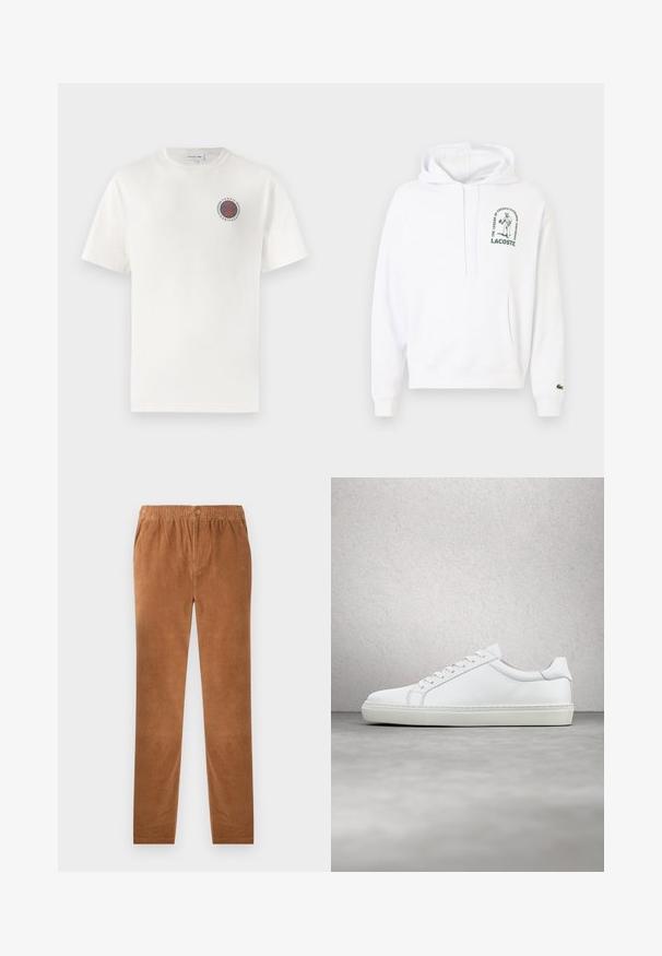 Sudadera blanca con bolsillo tipo canguro, capucha con cordón y logo de Lacoste impreso en verde. Puños y dobladillo de canalé. Textura de tela suave.; Camiseta de algodón blanca con mangas cortas, que presenta un logo circular en azul y naranja de "Tennis Heritage" en el lado izquierdo del pecho.; Pantalones de pana marrón con cintura elástica, que cuentan con un cierre de botón. Diseño de pierna recta y tela suave y texturizada.; Zapatilla blanca con parte superior de cuero liso y perfil bajo. Presenta una puntera redondeada, seis ojales y una suela de goma texturizada.