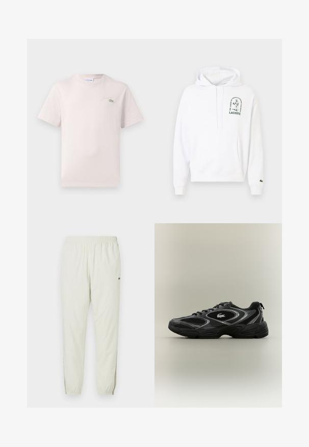 Weißer Hoodie mit einer Kängurutasche, Kapuze mit Kordelzug und grünem, aufgedrucktem Lacoste-Logo. Rippbündchen und Saum. Weiche Stofftextur.; Helles rosa Baumwoll-T-Shirt mit Rundhalsausschnitt, kurzen Ärmeln und einem grünen, gestickten Lacoste-Logo auf der Brust. Weicher Stoff.; Cremefarbene, leichte Jogginghosen mit elastischem Bund, gerippten Knöcheln, seitlichen Schlitzen und einem kleinen grünen Logo auf dem Oberschenkel.; Schwarzer und grauer Sportschuh mit Netzpaneelen, Schnürdesign, dicker Sohle und einem kleinen Krokodil-Logo an der Seite.
