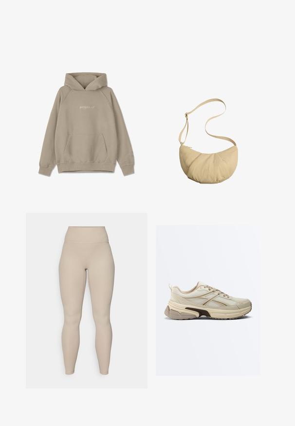 Beige hoodie met een kangoeroezak, trekkoordcapuchon en geribde manchetten. Kenmerkt een subtiele logo- borduring op de voorkant en mouw.; Beige hoge taille legging met een geribbelde textuur, voorzien van een soepele tailleband en aansluitende benen, ontworpen voor comfort en flexibiliteit.; Beige en lichtbruine sportschoen met mesh panelen, dikke gevoerde zool, vetersluiting en trekkoord op een witte achtergrond.; Beige schoudertas in halve maanvorm met verstelbare riem en ritssluiting, gemaakt van zachte, gestructureerde stof.