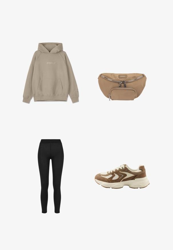Beige hoodie med kængurulomme, snøre i hætten og ribbede manchetter. Har subtil logo broderi på fronten og ærmet.; Sorte leggings i glat stof, med høj talje, tætsiddende design og uden synlige sømme, velegnet til afslappet eller aktivt brug.; Brun og beige sneaker med mesh- og ruskindspaneler, hvide snørebånd og tyk hvid sål på ensfarvet baggrund.; Beige stof bæltetaske med to lynlåslommer og sølv lynlåstræk, mærket med en lille "Bogner" label på forsiden.