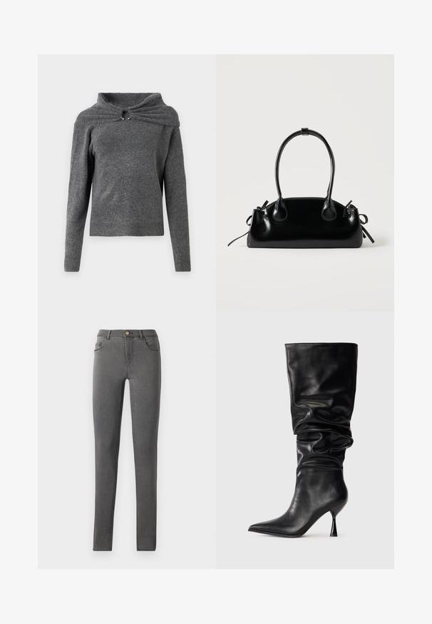 Grauer Pullover aus weichem Strickstoff, mit einem einzigartigen Kragendesign und einem Twist-Detail sowie silbernen Hardware-Akzenten. Lange Ärmel, gerippter Saum.; Graue Jeans im Skinny-Fit, mit passgenauer Silhouette, Fünf-Taschen-Style und einem einzigen Metallknopfverschluss am Bund.; Schwarze Lederstiefel bis zum Knie mit einem lässigen Design, spitzem Zehenbereich und dünnem Stiletto-Absatz. Sie verfügen über eine glatte Textur und minimale Akzente.; Kleine schwarze glänzende Handtasche mit zwei langen Griffen und seitlichen Kordelzug-Details vor einfachem hellem Hintergrund.