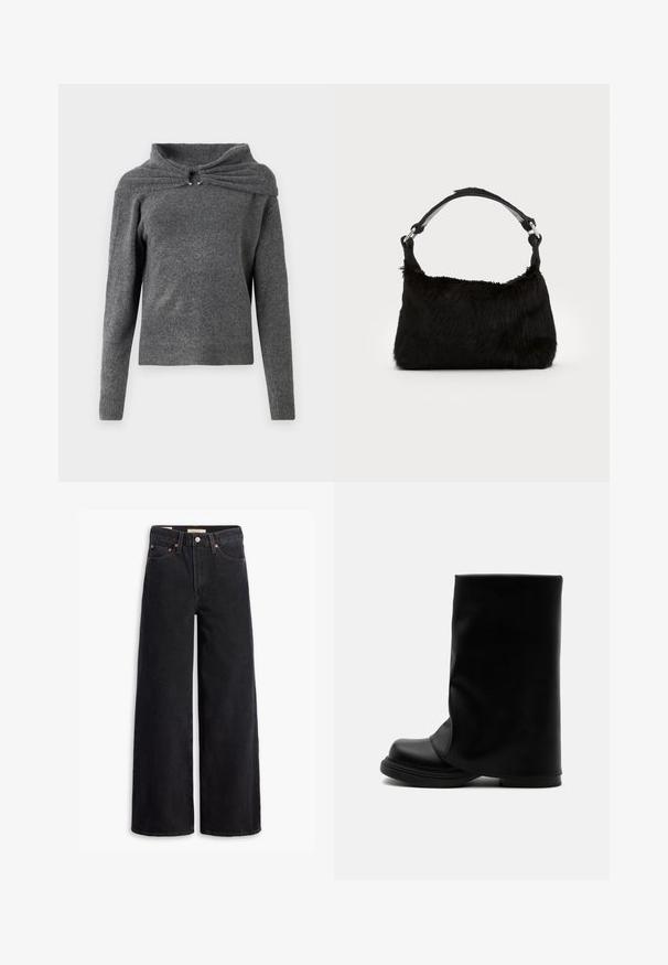 Grauer Pullover aus weichem Strickstoff, mit einem einzigartigen Kragendesign und einem Twist-Detail sowie silbernen Hardware-Akzenten. Lange Ärmel, gerippter Saum.; Schwarze weite Jeans aus Denim mit fünf Taschen, Kupferrivets und einem klassischen Knopfverschluss. Glatte Textur mit einem klaren Design.; Schwarzer hoher Lederstiefel mit weitem, lockerem Schaft und dicker, abgerundeter Sohle auf weißem Hintergrund.; Schwarze Kunstfell-Handtasche mit weicher Textur, runder Form und einem stabilen schwarzen Leder-Schulterriemen. Sichtbare silberne Hardware-Akzente.