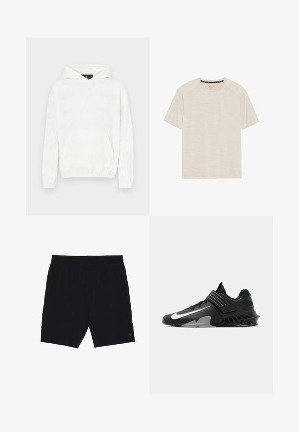Hvid hættetrøje med blød tekstur, der har en frontlomme og et subtilt, præget tekstmønster på stoffet.; Lys beige kortærmet T-shirt lavet af tekstureret stof, med rund halsudskæring og raglanærmer. Subtle horisontalt stribemønster.; Sorte shorts lavet af letvægtsstof, med elastisk talje, to sidelommer og et lille logo på nederste højre side.; Sorte sportsko med et strømlinet design, der har et fremtrædende hvidt Nike-logo, teksturerede overflader og en karakteristisk støbt sål.