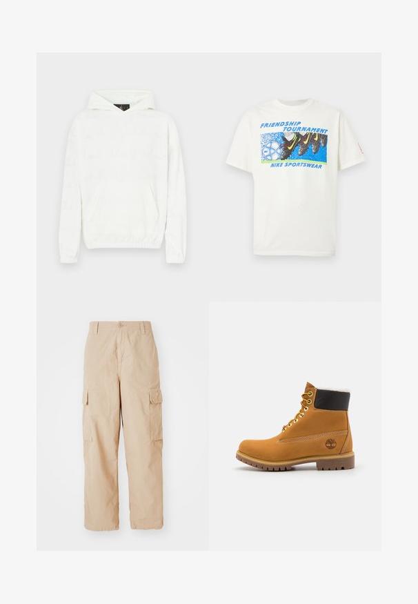 Hvid hættetrøje med blød tekstur, der har en frontlomme og et subtilt, præget tekstmønster på stoffet.; Hvid T-shirt med grafik af fodboldstøvler, der sparker en blå og hvid Nike-fodbold, tekst "Friendship Tournament" og "Nike Sportswear."; Beige cargo bukser med afslappet pasform, lavet af letvægtsstof, med to sidelommer og en knaplukning i taljen.; Brune læder ankelstøvle med metaløjer, hvid pelsforing, sort polstret krave, robust sål og præget logo på siden.