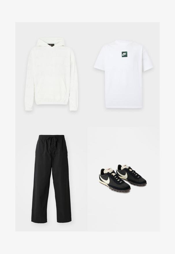 Sweat à capuche blanc avec une texture douce, doté d'une poche frontale et d'un motif discrètement en relief composé de texte sur le tissu.; T-shirt Nike blanc à manches courtes avec un petit logo carré vert présentant le swoosh Nike et du texte centré sur la poitrine.; Pantalons larges noirs en tissu doux avec taille élastique et cordon de serrage ajustable, présentant une texture lisse et sans motifs visibles.; Chaussures de sport noires avec une tige texturée, logo swoosh blanc et semelle en caoutchouc dotée de petits crampons pour une meilleure traction. Col de couleur crème.