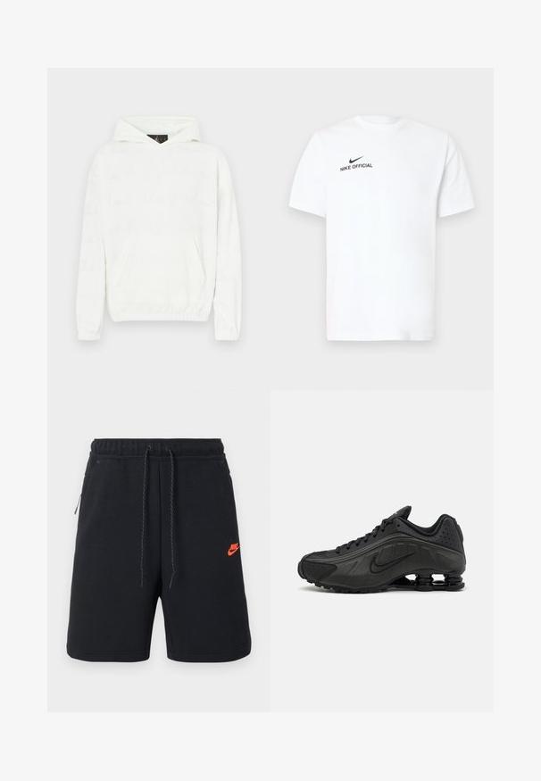 Sweat à capuche blanc avec une texture douce, doté d'une poche frontale et d'un motif discrètement en relief composé de texte sur le tissu.; T-shirt en coton blanc à manches courtes. Présente un logo noir "Nike Official" et un swoosh noir sur le côté gauche de la poitrine.; Shorts noirs Nike avec ceinture élastique, cordon de serrage, poches latérales et petit logo Nike orange sur la cuisse gauche.; Baskets de course noires avec une tige en synthétique lisse, des accents perforés, des panneaux latéraux texturés et une semelle distincte et rebondissante.
