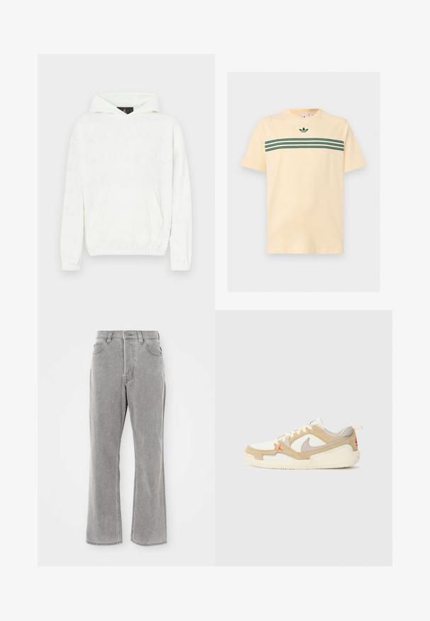 Hvid hættetrøje med blød tekstur, der har en frontlomme og et subtilt, præget tekstmønster på stoffet.; Lyse beige kortærmet T-shirt med mørkegrønne horisontale tredobbelte striber tværs over brystet og et lille Adidas trefoil-logo over striberne.; Lys grå denim jeans med høj talje, flared ben og synlige syninger. Har forlommer og lynlås-lukning.; Hvide og beige sneakers med net- og ruskindspaneler, grå accenter, rødt logo og orange trækflap. Rund tå og polstret således design.