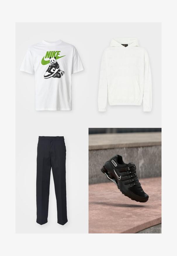 Hvid hættetrøje med blød tekstur, der har en frontlomme og et subtilt, præget tekstmønster på stoffet.; Hvid bomulds t-shirt med et sort-hvidt panda grafik, der holder en Nike sneaker, med et grønt Nike-logo ovenfor.; Sorte skræddersyede bukser med lige ben, fremstillet af glat stof, med et taljebånd med løkker og uden synlige mønstre eller hardware.; Sort Nike Shox løbesko med hvid swoosh-logo, midt i luften over en rosa betonoverflade mod en grå stenmur som baggrund.