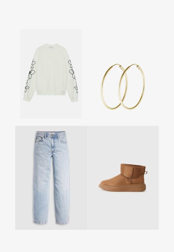 Sweatshirt à col rond en tissu crème, avec une broderie florale noire le long des manches. Poignets et ourlet côtelés avec une coupe décontractée.; Jean en denim bleu clair avec une taille haute, une coupe décontractée, des jambes droites et un design classique à cinq poches. Détails visibles de décoloration et de coutures.; Bottines marron à finition en daim lisse, semelle en caoutchouc plate et doublure douce. Dotées d'une languette et de coutures ton sur ton.; Boucles d'oreilles en or en forme de cerceau, présentant un design lisse et rond avec une finition brillante. Construction légère avec un fermoir sécurisé.