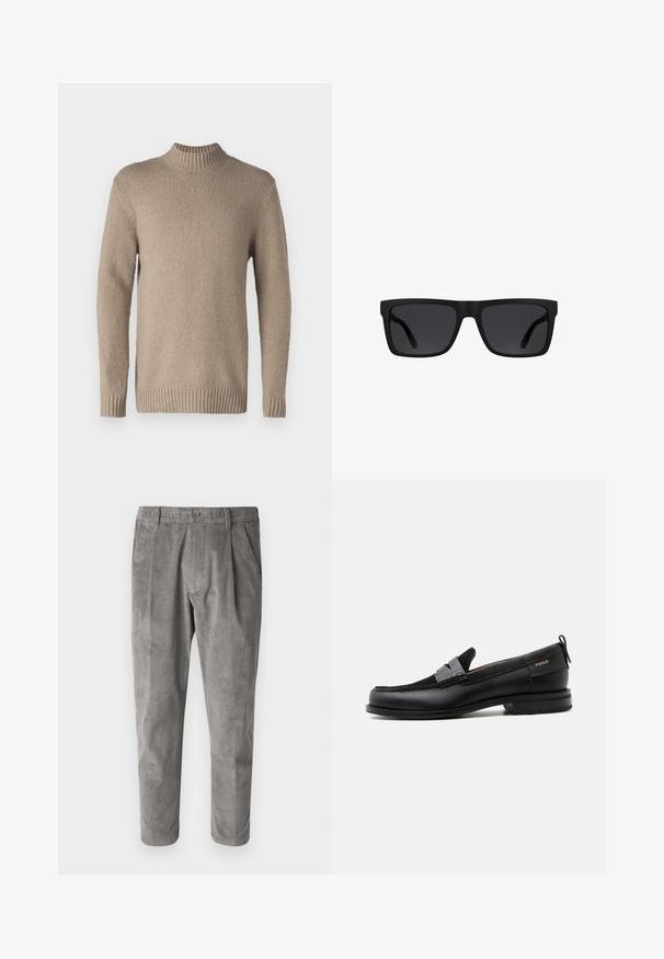 Suéter de punto beige con una superficie texturizada, cuello y puños acanalados. Cuenta con mangas largas y un dobladillo recto para un diseño clásico.; Pantalones de pana grises con un patrón de rayas verticales texturizadas, con cierre de botón y dos bolsillos laterales. Corte ajustado y largo cropped.; Mocasín de cuero negro con detalle de tira gris, tacón bajo y suela texturizada, con la marca "HUGO" en oro en el lateral.; Gafas de sol rectangulares negras con montura gruesa y lentes tintados oscuros sobre un fondo blanco.