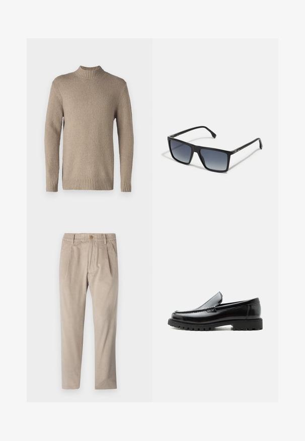 Beige striktrøje med en struktureret overflade, ribbenkrave og manchetter. Har lange ærmer og en lige kant for et klassisk design.; Beige kordfløjspants med elastisk talje, knaplukning og plisseelementer, har et lige ben-design og struktureret stof.; Sort læderloafer med chunky gummisål, syet overdel og præget mærkenavn på hælen, vist i sideprofil på hvid baggrund.; Sorte rektangulære solbriller med gradientlinser fra mørk til lys. Plastikrammer med strømlinet design og minimal hardwaredetalje på siderne.