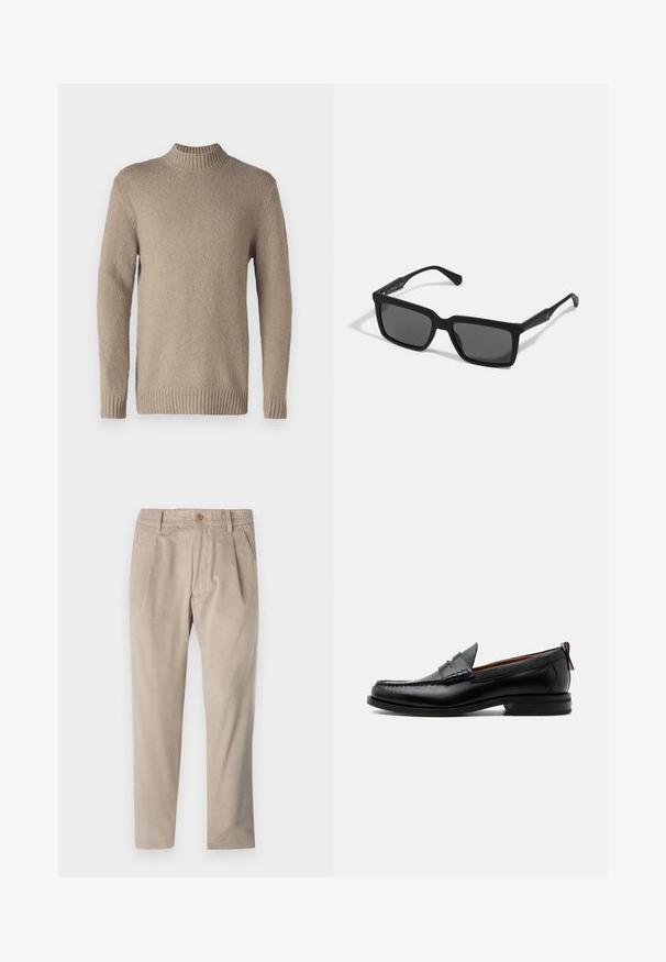 Beige striktrøje med en struktureret overflade, ribbenkrave og manchetter. Har lange ærmer og en lige kant for et klassisk design.; Beige kordfløjspants med elastisk talje, knaplukning og plisseelementer, har et lige ben-design og struktureret stof.; Sort læder herre loafer med moc-tå syning, penny strop, struktureret krave og lav stablet hæl på hvid baggrund.; Sorte solbriller med rektangulære linser, mat finish, tykke stel og slanke arme med en subtil brandingdetalje.