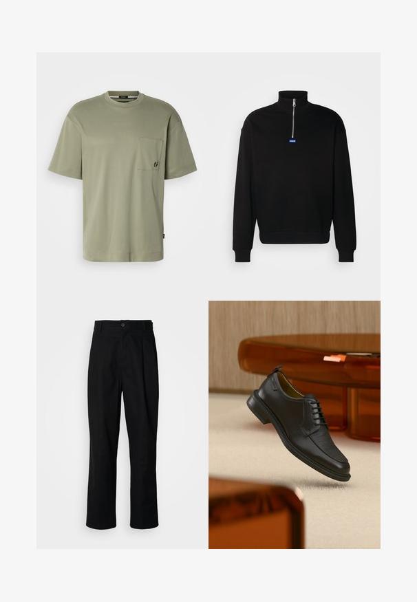 Sort pullover sweatshirt lavet af blødt materiale, med høj krave og halv lynlås. Viser et blåt rektangulært logo på brystet.; Oliven grøn bomulds T-shirt med rund halsudskæring, korte ærmer og en brystlomme med et syet logo detaljer. Blød tekstur.; Sorte lige ben bukser med en knaplukket talje, bæltestropper og en frontfold, præsenteret mod en ensfarvet hvid baggrund.; Sort lædersko med snørebånd og tekstureret front, svævende over beige tæppe i et moderne rum med møbler i ravfarvet toning.