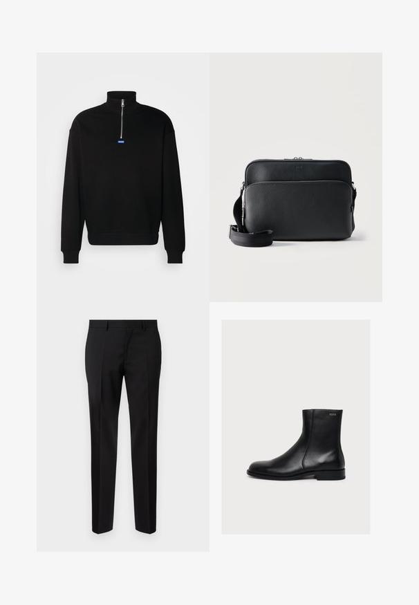 Sudadera negra de pullover hecha de material suave, con un alto cuello y media cremallera. Presenta un logotipo rectangular azul en el pecho.; Pantalones negros de corte ajustado, hechos de una tela suave, con pernera recta, detalles de pinzas refinadas y una cinturilla clásica con ojales para cinturón.; Bota de piel negra lisa hasta el tobillo con tacón bajo y cremallera lateral, etiquetada con Hugo cerca del borde superior.; Bolso bandolera de cuero negro con textura, con dos compartimentos con cremallera y correa de hombro ajustable sobre un fondo liso y claro.