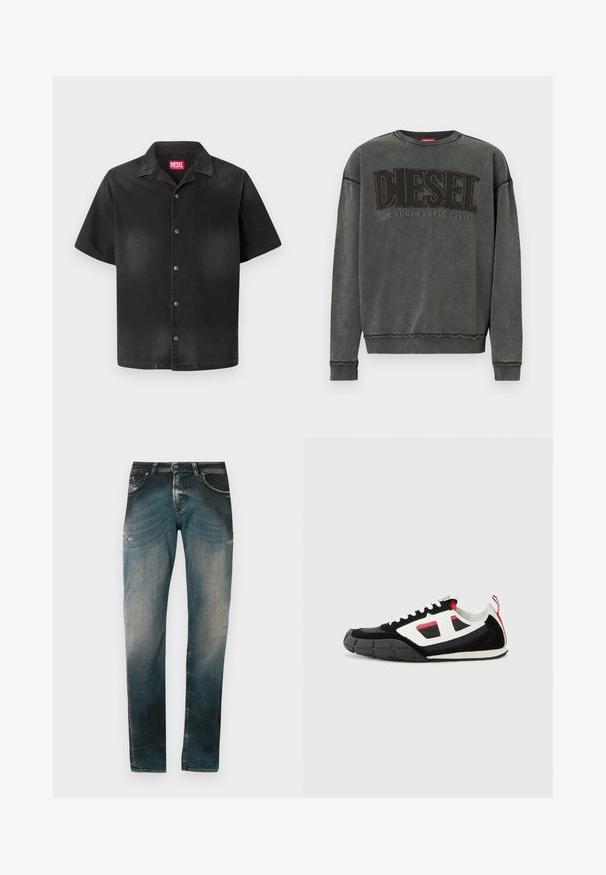 Sweat-shirt à manches longues gris charbon avec des poignets et un ourlet côtelés, affichant un grand texte noir "DIESEL" et "Pour une Vie Réussie" en plus petit en dessous.; Chemise noire à manches courtes avec col classique, légère décoloration à l'avant, et étiquette de marque Diesel rouge à l'intérieur du col.; Jeans en denim slim-fit bleu délavé avec un léger effet usé et des détails de moustaches, présentant des poches avant et arrière ainsi que des passants de ceinture.; Diesel S PAGODHA LOW - Baskets basses - black