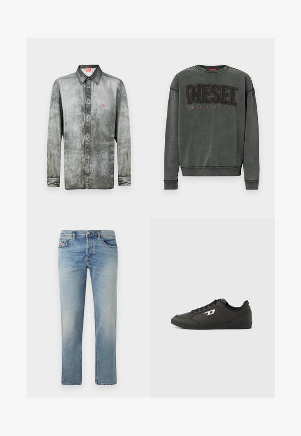 Kulgrå sweatshirt med lange ærmer, ribbede manchetter og kant, prydet med stor sort "DIESEL" tekst og mindre "For Successful Living" nedenunder.; Langærmet skjorte i falmet grå denim med button-down krave, som har et lille rødt logo på brystet og struktureret stof.; Lyseblå denimjeans med en lige ben-designet. Funktioner inkluderer fem lommer, bæltestropper og subtil udtoning hen over stoffet.; Sorte syntetiske sneakers med en struktureret sort sål, rund tå og flade sorte snørebånd. Fremtrædende hvidt logo på ydersiden.