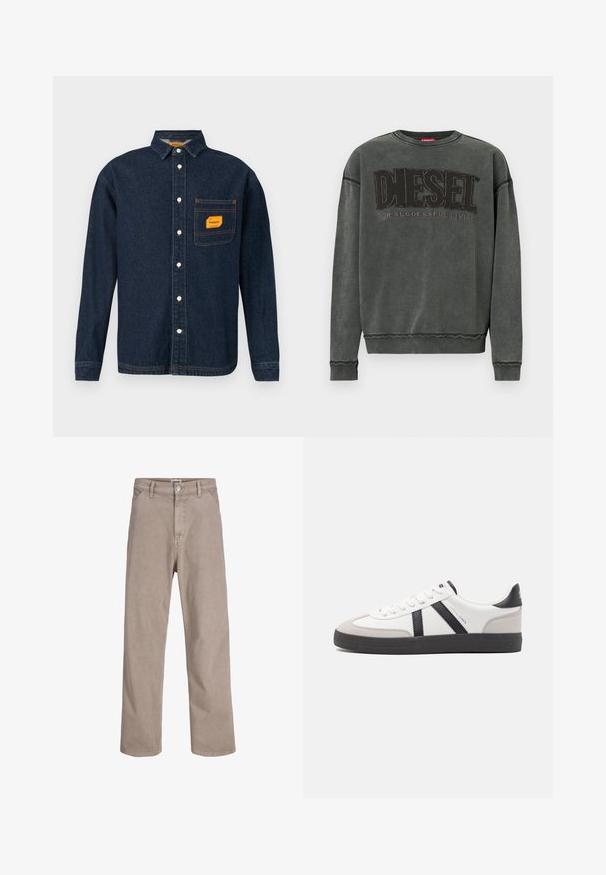 Kohlegrauer Sweatshirt mit langen Ärmeln, gerippten Bündchen und Saum, mit großen schwarzen "DIESEL"-Text und dem kleineren "For Successful Living" darunter.; Dunkelblaue Denim-Hemd mit Button-Down-Kragen, orangefarbener Etikett auf der Brusttasche und weißen Knöpfen. Weiche Textur mit Kontrastnähte.; Beige, hoch taillierte, gerade Hose mit Vordertaschen, Gürtelschlaufen, Knopfverschluss und sichtbaren Nähten auf einfarbigem Hintergrund.; Weiße Sneaker mit schwarz- und grau-aczenten, ausgestattet mit einer strukturierten grauen Zehenkappe, schwarzer Gummi-Sohle und flachen weißen Schnürsenkeln. Sauberes Design, minimalistische Stil.