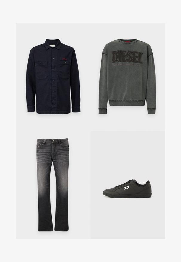 Sudadera de manga larga en gris carbón con puños y dobladillo acanalados, que presenta un gran texto negro "DIESEL" y debajo, en menor tamaño, "For Successful Living".; Camisa de mezclilla azul oscuro con mangas largas, cierre frontal de botones, dos bolsillos en el pecho y un pequeño logo rojo "REPLAY" en el bolsillo izquierdo.; Jeans de mezclilla negra con un patrón ligeramente desgastado. Diseño ajustado, pierna recta, estilo de cinco bolsillos y cierre de botón en la cintura.; Zapatillas deportivas negras sintéticas con suela negra texturizada, puntera redonda y cordones planos negros. Destaca un logo blanco en el lateral exterior.