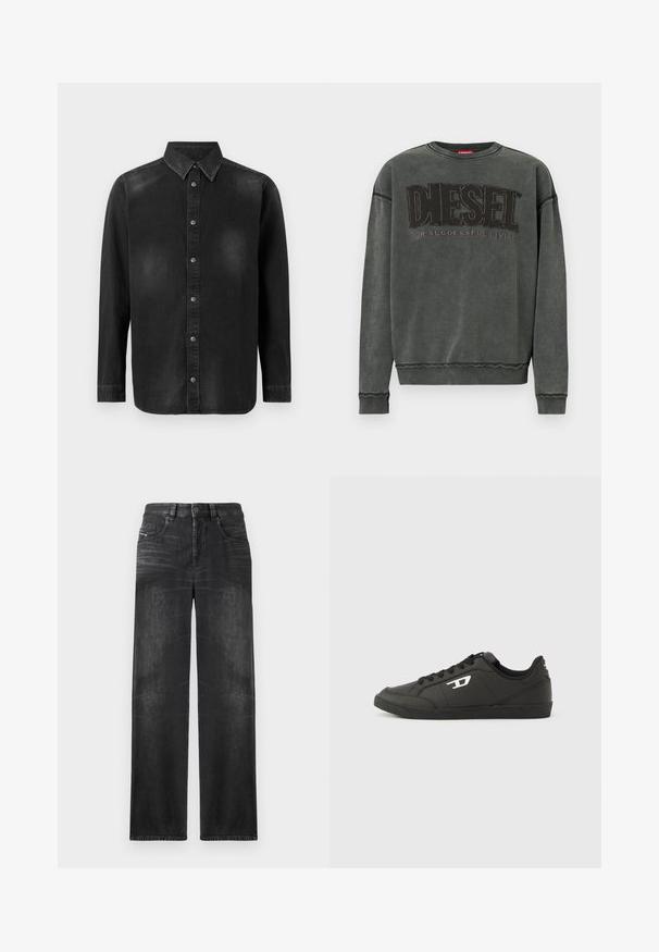 Kohlegrauer Sweatshirt mit langen Ärmeln, gerippten Bündchen und Saum, mit großen schwarzen "DIESEL"-Text und dem kleineren "For Successful Living" darunter.; Schwarze Denim-Hemd mit Button-Down-Kragen, langen Ärmeln und einer vorderen Knopfleiste. Verfügt über dezente Verblassungen und eine taillierte Passform.; Schwarze gerade Jeans aus Denim, mit fünf Taschen, Gürtelschlaufen und subtiler Ausbleichung des Stoffes für Textur.; Schwarze Sneakers aus synthetischem Material mit einer strukturierten schwarzen Sohle, rundem Zehenbereich und flachen schwarzen Schnürsenkeln. Auffälliges weißes Logo auf der Außenseite.